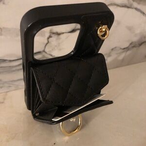 Black Quilted iPhone 15 & 16 Pro Max Wallet Case with Gold Ring Luxury strap